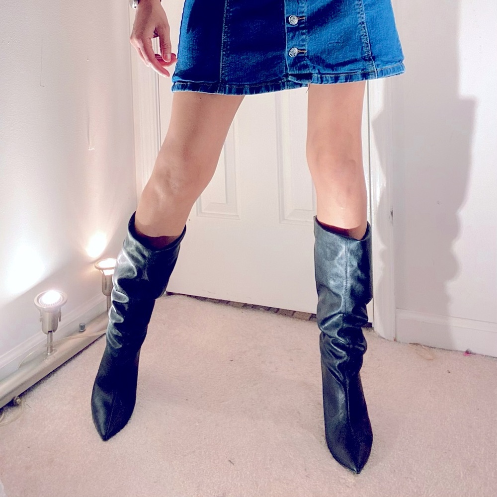 Qupid pointy toe black boots Western chunky heeled knee